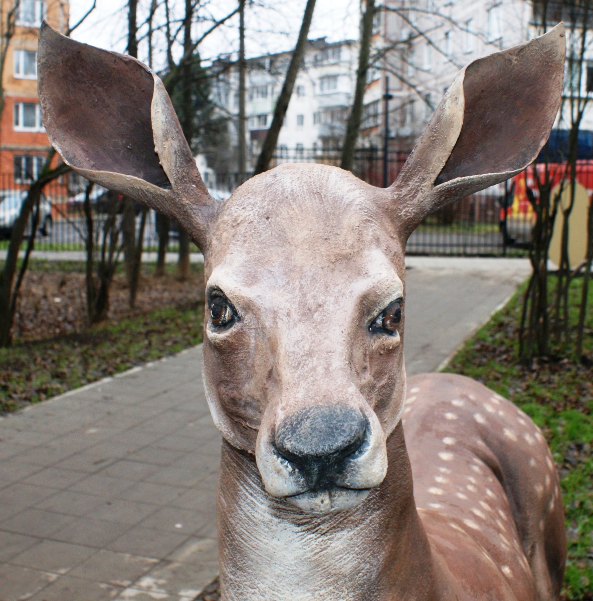 А встречает  в парке вот это косая косуля с несимметричной мордой и глазницами, да ещё и с  деформированным черепом. Но именно эту поделку одобрила эта "тройка". Сообразили на троих, называется. Глаза в этой поделке расположены не на одной оси . И смотрят по разным направлениям. И уши "воткнуты" в разных местах относительно середины черепа.