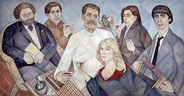 Слева направо: Максимилиан Волошин, Хаим Сутин, Максим Горький, Маревна, Илья Эренбург и Осип Цадкин. 1962 г. Источник https://artpark.gallery/ru/marevna