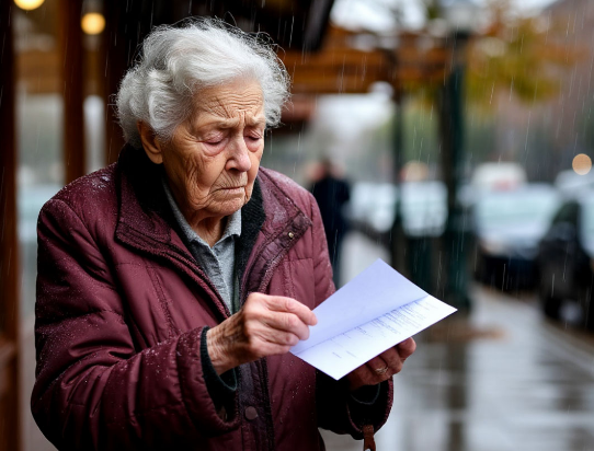 Пожилая женщина уходит из здания соцзащиты с маленьким конвертом, в руках