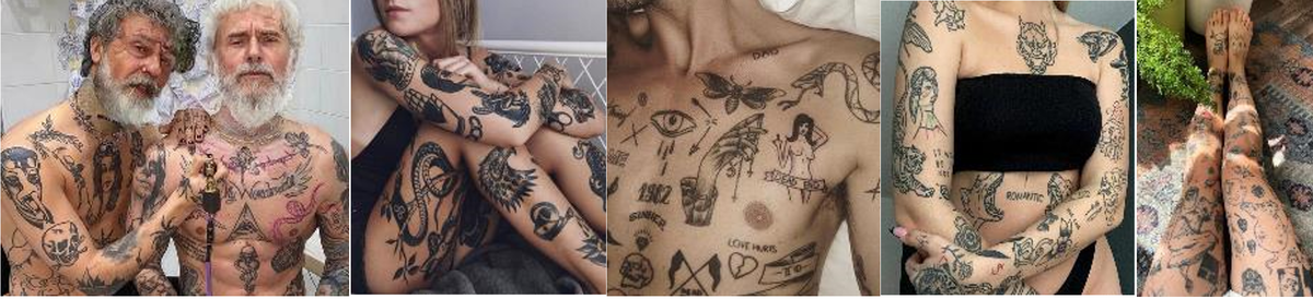 Иногда тела людей от обилия     примитивных тату становятся похожим на тетрадные «промокашки» которые в     нашем детстве мы обильно покрывали неумелыми рисунками скучая на школьных уроках.