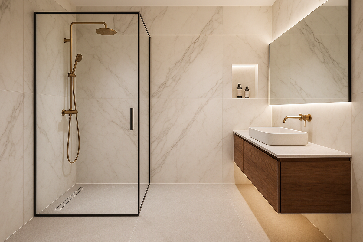 Ванная «пять звёзд» в монолите: мраморная графика, латунь и тишина