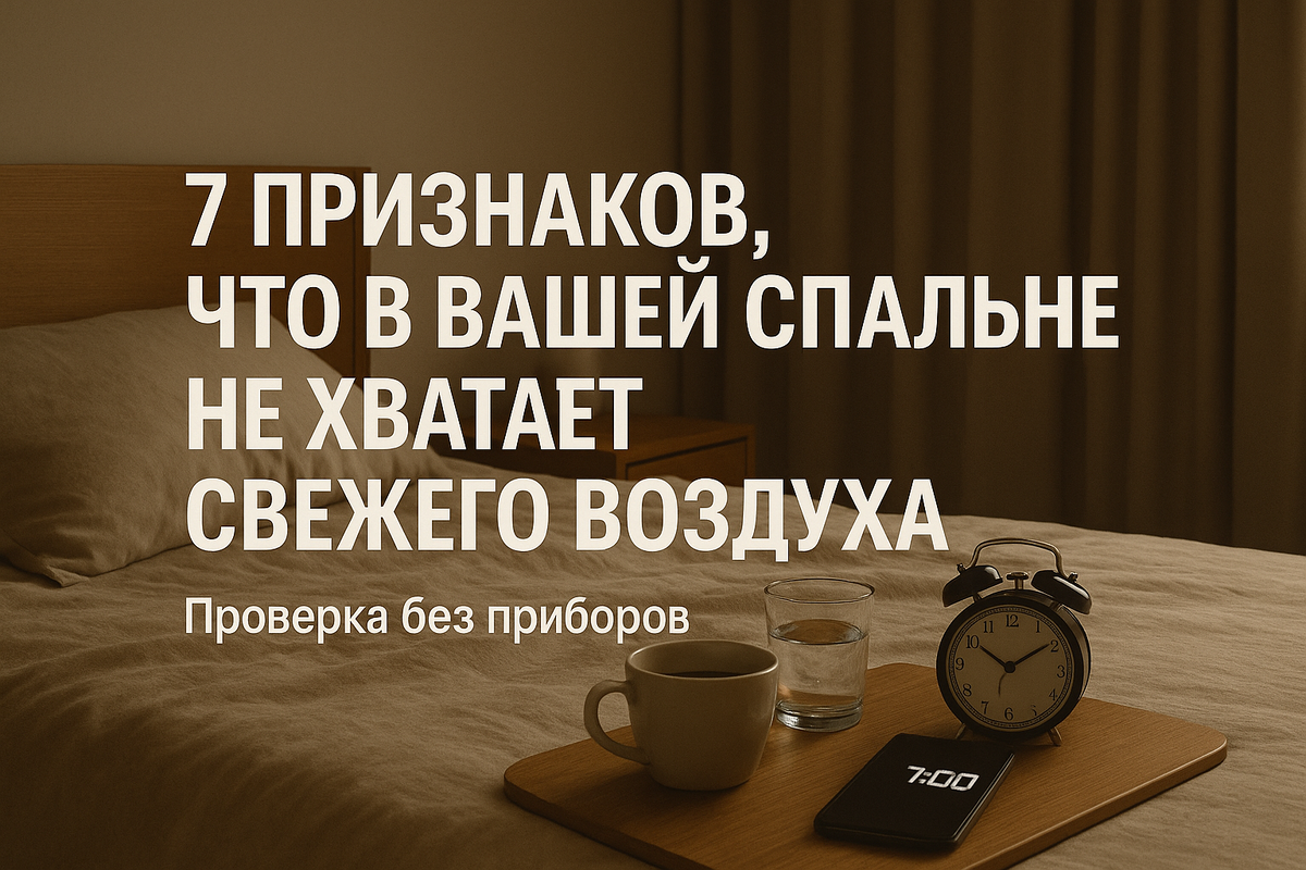 Уютная спальня с будильником и чашкой на прикроватном столике показывает привычные условия сна, в которых легко пропустить признаки нехватки свежего воздуха и проблем с вентиляцией спальни без каких-либо приборов