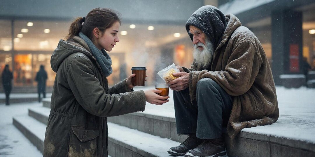 Старик просил милостыню у торгового центра в -30. Все проходили мимо, и только одна девушка отдала ему свой горячий ужин.