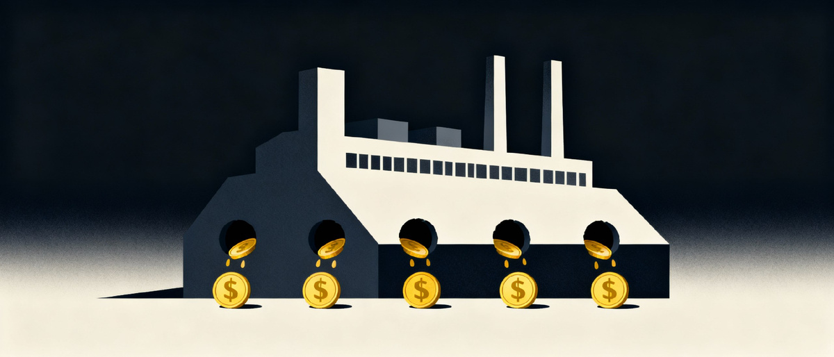 Схематичная инфографика о скрытых потерях на заводе. На фоне силуэта предприятия показаны 5 каналов утечки денег: логистические простои, неучтённые простои оборудования, перерасход энергии, потери сырья, неэффективные маршруты техники.