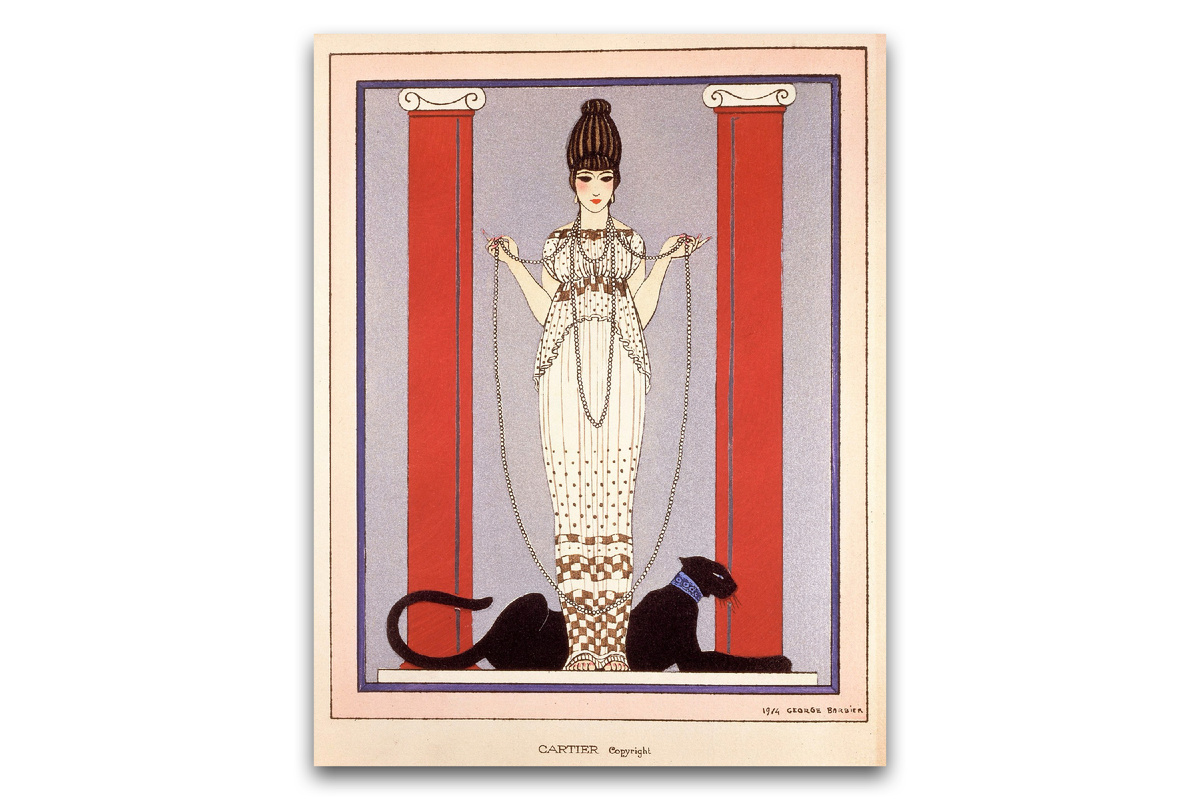 «Женщина с пантерой» работы Жоржа Барбье для Луи Картье (1914). На выставочной открытке, заказанной Картье, изображена женщина в платье от Поля Пуаре.