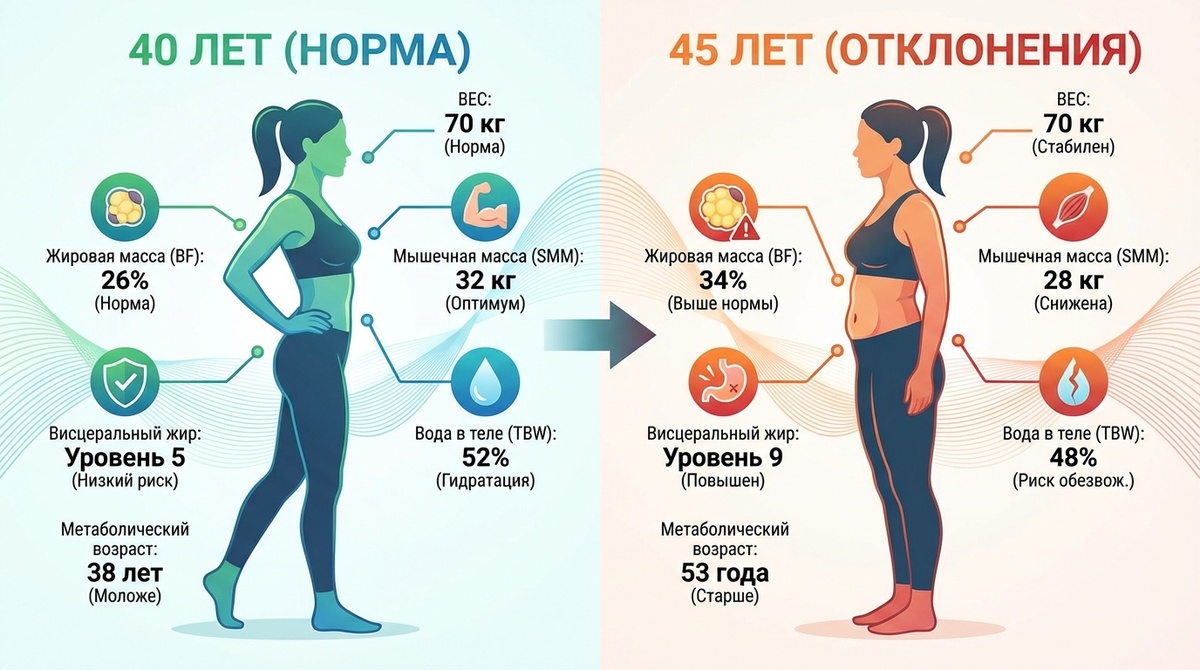 ✅ Пример как может меняться состав тела в течение нескольких лет при одинаковом весе
