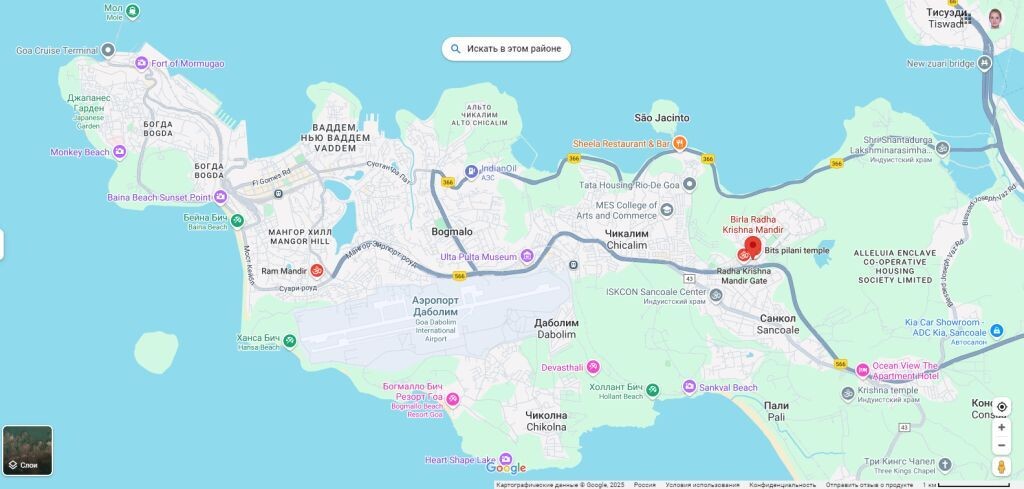 Храм Бирла на карте (красная метка)