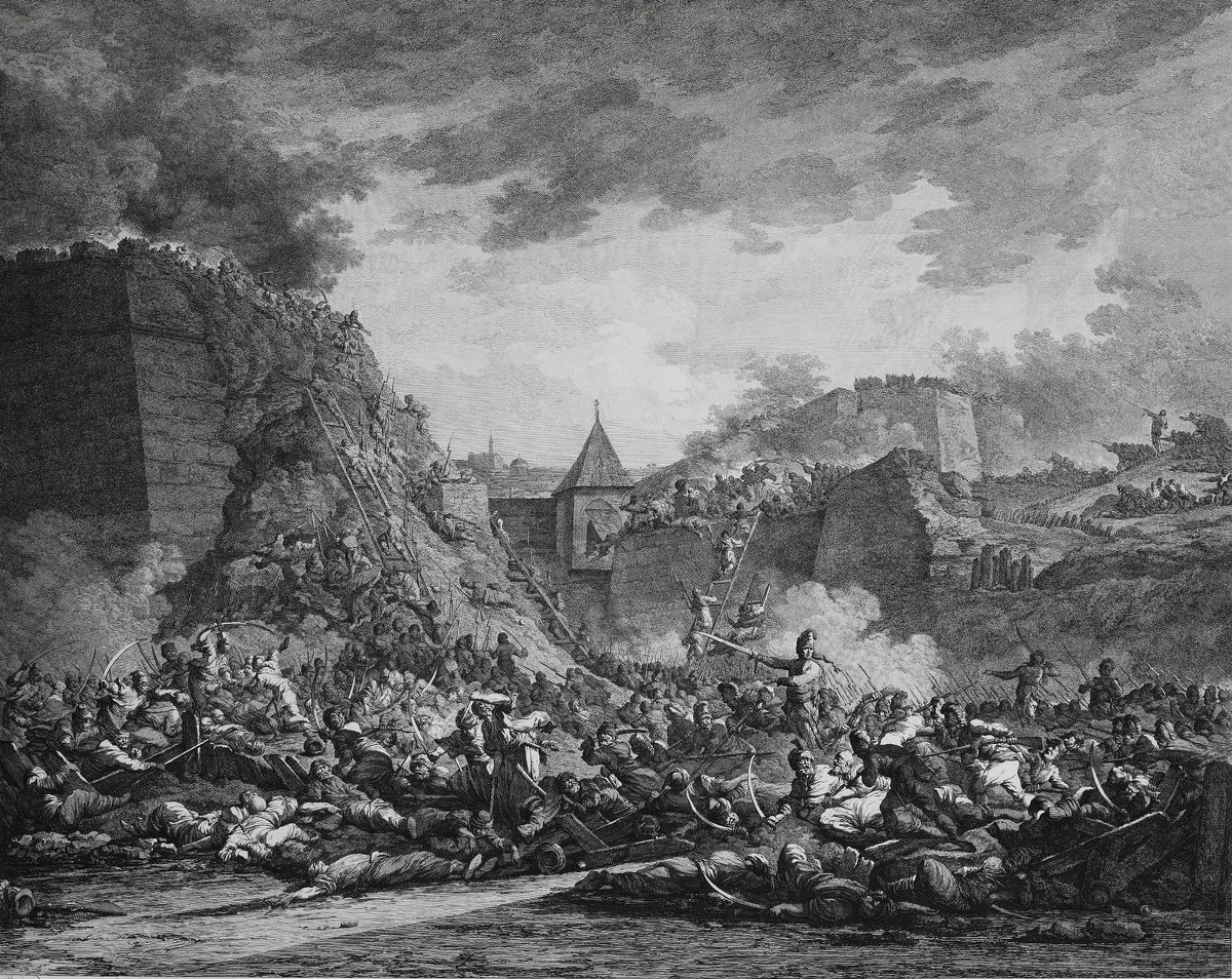 Штурм Очакова. Гравюра А. Барча. 1792 г. Штурм Очакова — одно из сражений во время Русско-турецкой войны 1787—1791 гг.. Штурм был предпринят русскими войсками 6 (17) декабря 1788 года после осады крепости, которая продолжалась с начала июля до начала декабря 1788 года. Ссылка: https://ru.wikipedia.org/wiki/Штурм_Очакова Бригадир, барон фон Мейендорф Казимир Иванович командовал 4-й колонной во время штурма Очакова 6 (17) декабря 1788 года в ходе Русско-турецкой войны 1787–1791 годов. В состав его колонны входили Бугский егерский корпус (4 батальона),  один батальон Старого Астраханского гренадерского полка (14 января 1785 - 10 мая 1790) и 300 нестроевых (рабочих) того же Старого Астраханского гренадерского полка. Командиром Старого Астраханского гренадерского полка был полковник Киселев Федор Иванович (1758 – 1813), который прокомандует им с 1787 по 1790 год. Капитаном Старого Астраханского гренадерского полка был датчанин на русской военной службе барон Карл Максимович Герцдорф (Герздорф; Кристиан Карл Николай Фрайхерр фон Герсдорф, нем. Christian Carl Nicolai Freiherr von Gersdorff; 1761—1813). Ссылка: https://dzen.ru/a/Z8nQzIsCJ2x2ieLF Во время штурма Герздорф проявил большую храбрость, за что в тот же день был удостоен чина секунд-майора, а также золотого креста «За взятие Очакова» — награды, по своему статуту занимавшей поло­жение между императорским орденом и наградной медалью. В России немногие были награждены этим знаком боевого отличия". Ссылка: http://almanax.russculture.ru/archives/2801