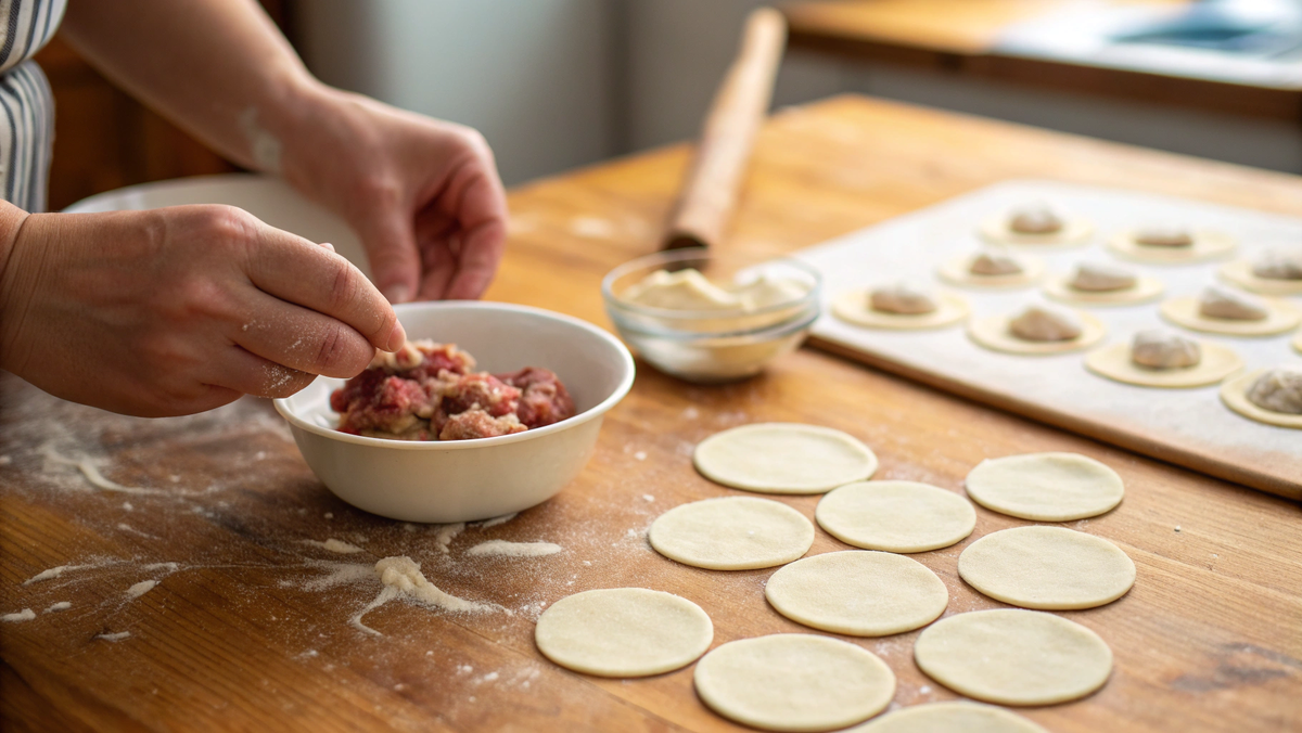 Процесс лепки пельменей