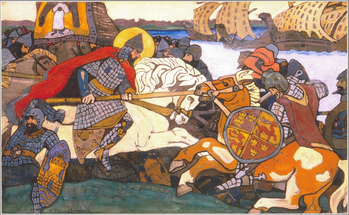 Александр Невский поражает ярла Биргера. 1904 г.
Картон, гуашь. 28 x 45. Государственный Русский музей, Санкт-Петербург, Россия.