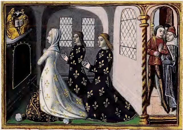 Герб Франции, созданный в середине XII века, представляет собой синее поле, украшенное цветами лилии (fleurs-de-lis). К концу правления Карла V (1364-1380 гг.) на его личном гербе количество лилий сократилось до трех, однако множество цветов лилии по-прежнему символизировало королевское величие.
Изображение Франции, представленной в образе молящейся женщины, обращается к Святой Троице. Этот образ содержится в рукописи Вигилов, созданной для Карла VII в 1484 году.
Bibliotheque Nationale de France, Paris.