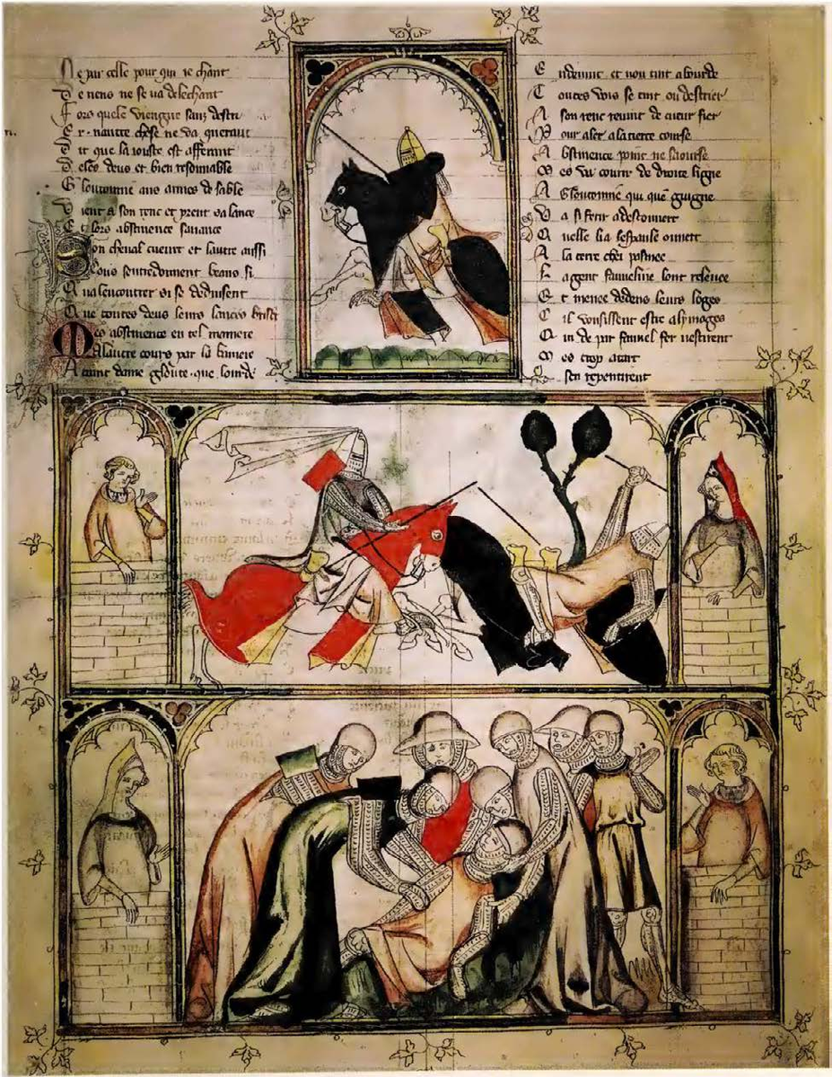 В тринадцатом и начале четырнадцатого веков аллегорические турниры были распространенным мотивом в литературе и искусстве. Часто эти противостояния изображались не как масштабные турниры, а как поединки между отдельными рыцарями, как, например, в "Романе Фовеля". Цветовая символика играла значительную роль в таких сценах, однако значение синего цвета в данной рукописи остается неясным: он мог символизировать как верность и преданность, так и глупость.
Столкновение между красным и синим рыцарем, рукопись Романда Фовеля. Национальная библиотека Франции, Париж.