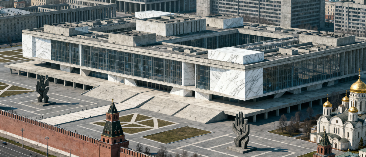 Примерно так мог бы выглядеть проект Хрущева по застройке Кремля. Успенский собор планировалось оставить в качестве музея