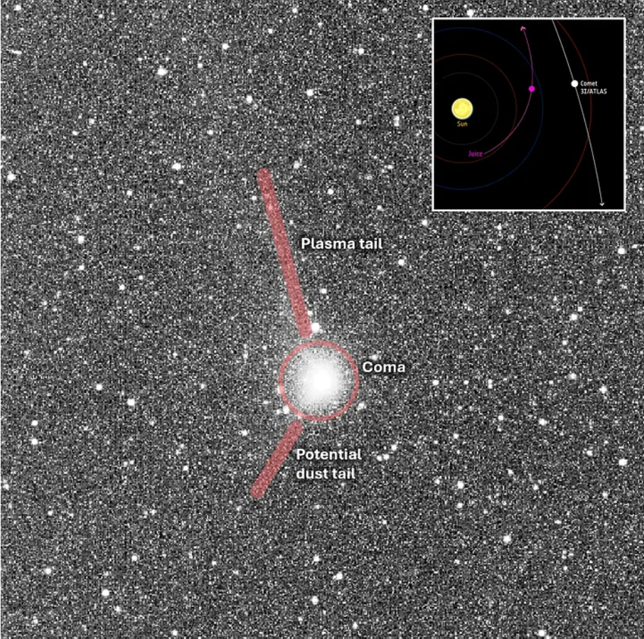 Аннотированная и необработанная версия предварительного изображения межзвездного объекта 3I/ATLAS, полученного 2 ноября 2025 года навигационной камерой на борту космического аппарата Juice. (Изображение предоставлено ЕКА)