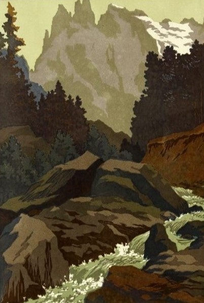 В.Н.Ростовцев. Ущелье Шхельды. Цветная линогравюра. 1950-е—1960-е. Томский областной художественный музей.