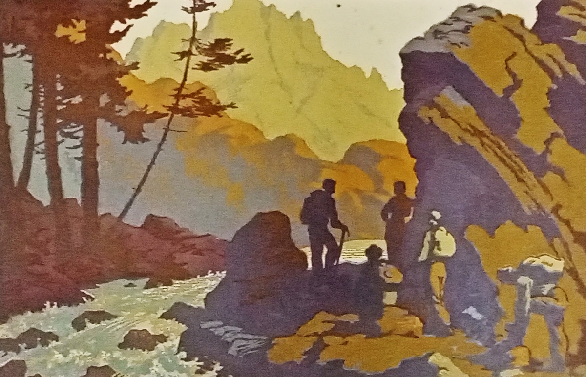 В.Н.Ростовцев. В горах. Цветная линогравюра. 1950-е—1960-е. Государственный музей Холуйского искусства Ивановской обл.