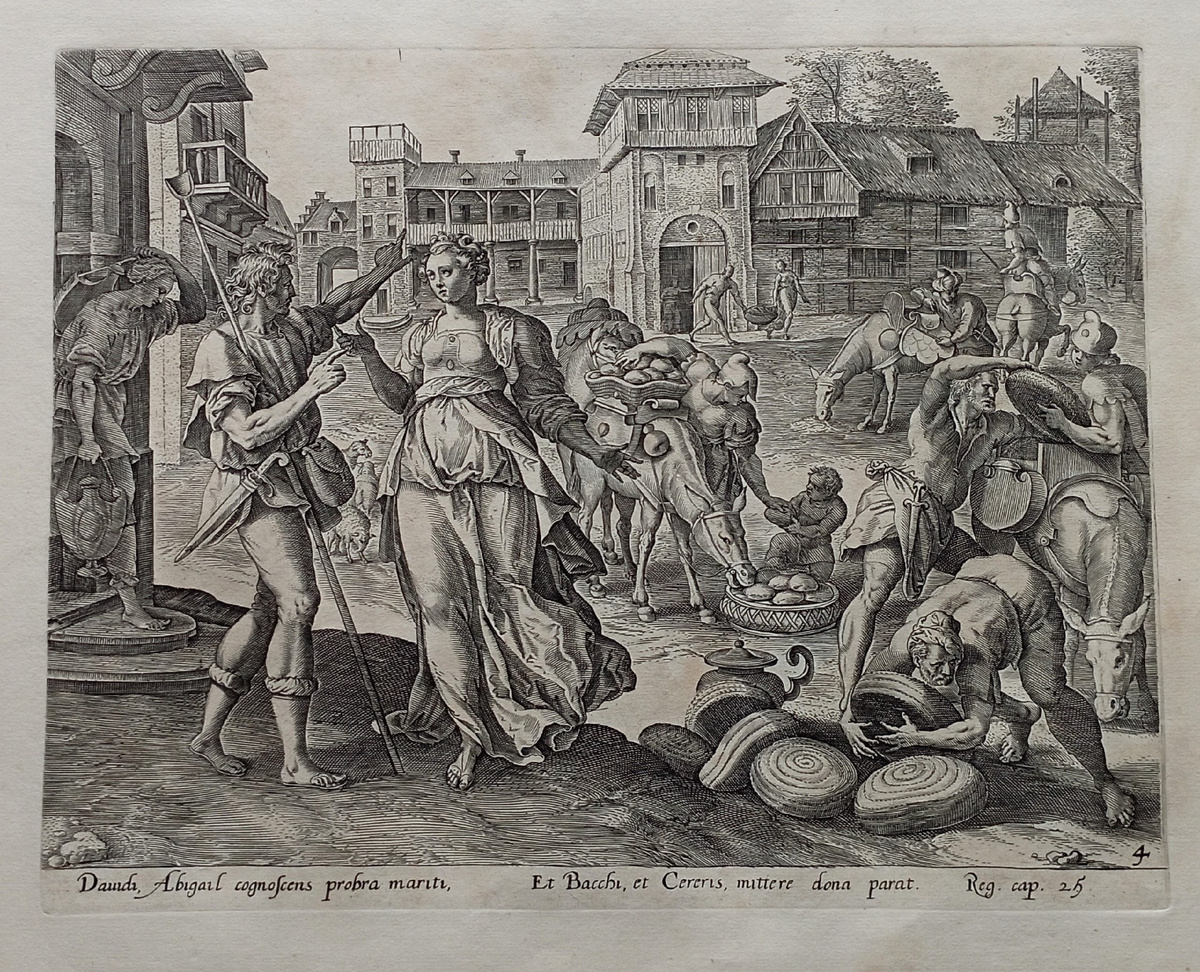 Авигея собирает дары для Давида. Гравюра 1585 года, оттиск III состояния из Библии Пискатора (Theatrum Biblicum) 1674 года издания. Художник Мартен де Вос, анонимный нидерландский гравер, издатель Николас Пискатор. https://meshok.net/item/349666893 https://www.avito.ru/sankt-peterburg/kollektsionirovanie/zhenskaya_mudrost_bibliya_piskatora_gravyura_16-17vek_7774011730