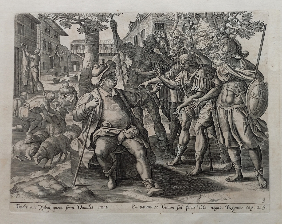 Навал отказывает людям Давида в помощи. Гравюра 1585 года, оттиск III состояния из Библии Пискатора (Theatrum Biblicum) 1674 года издания. Художник Мартен де Вос, анонимный нидерландский гравер, издатель Николас Пискатор. https://meshok.net/item/349778275 https://www.avito.ru/sankt-peterburg/kollektsionirovanie/naval_i_david_bibliya_piskatora_gravyura_16-17_vek_7774716699