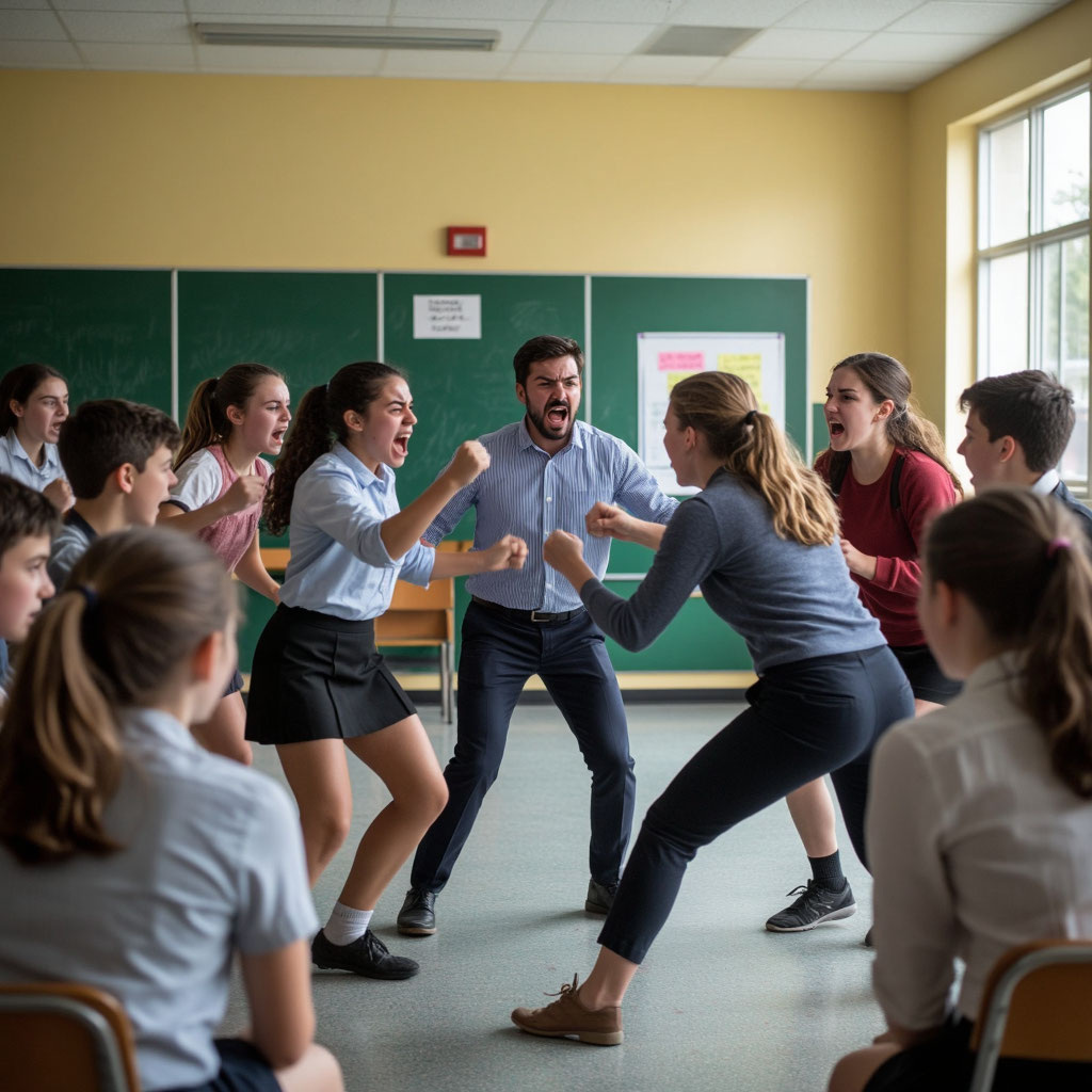 Так нейросеть иллюстрирует хамство в школе. Брр. Не могу понять, кто учитель, кто ученик.