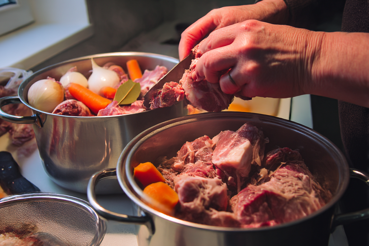    За «упругое» застывание холодца чаще всего отвечают именно ноги и хвост — в них много коллагена, который при долгой варке переходит в бульон