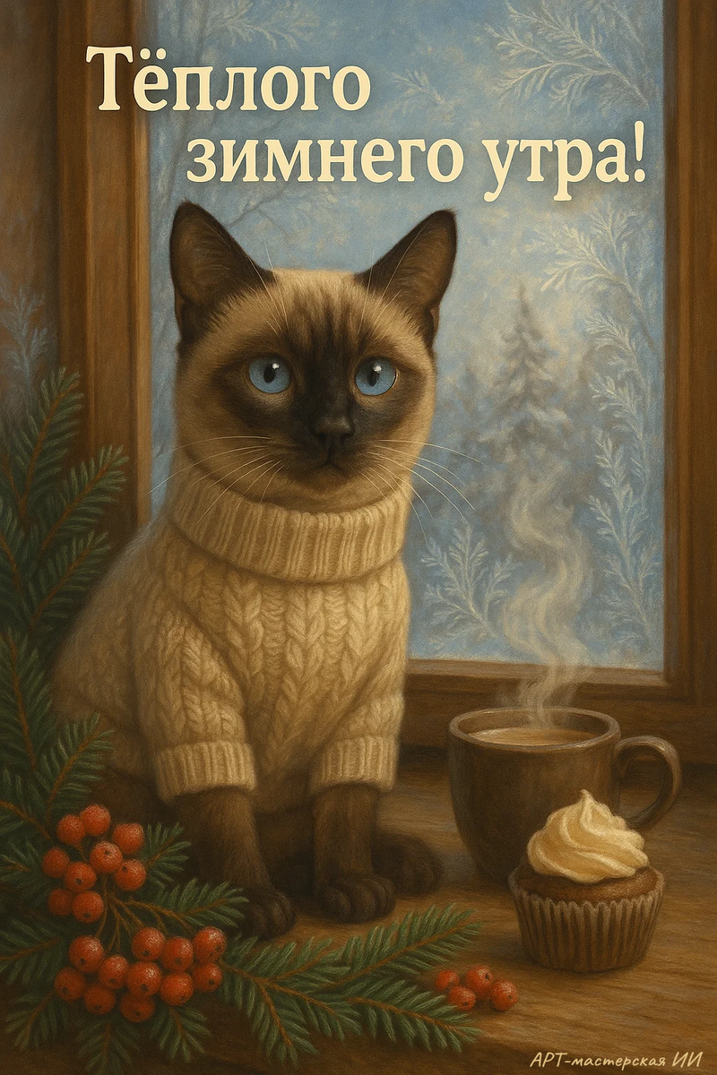 Открытка из серии “Доброе зимнее утро” от автора канала Арт-мастерская ИИ.
