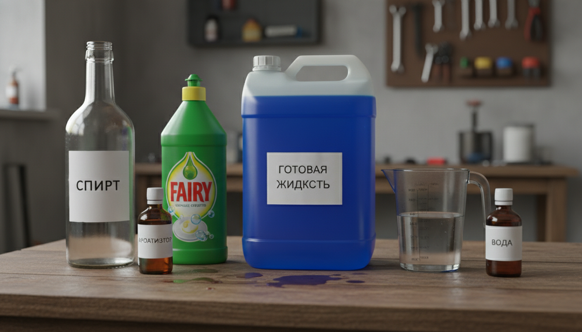 ингредиенты на столе + готовая синяя жидкость в канистре