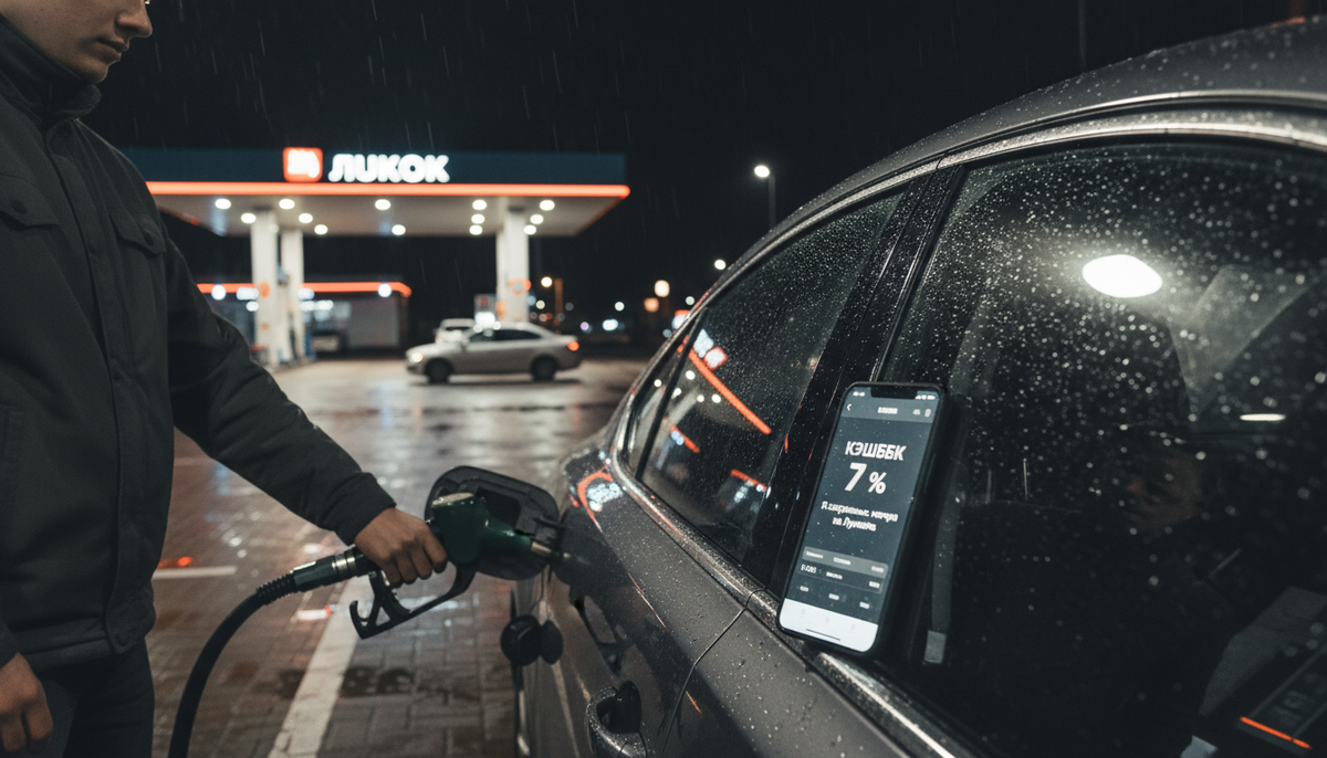  я заправляюсь ночью на Лукойле + скриншот приложения с кэшбэком 7 %