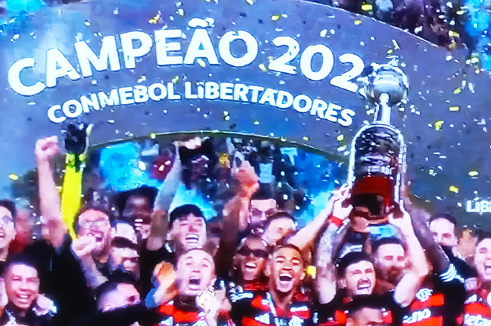 Игроки «Фламенго» празднуют громкую победу.
Фото сделано во время трансляции финального матча Кубка Либертадорес в ночь на 30 ноября по московскому времени.