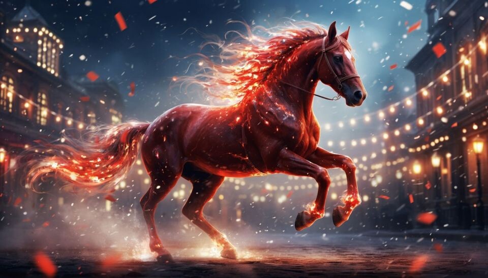    Красная Огненная лошадь. Восточный гороскоп. Новый год. Источник: Создано в нейросети