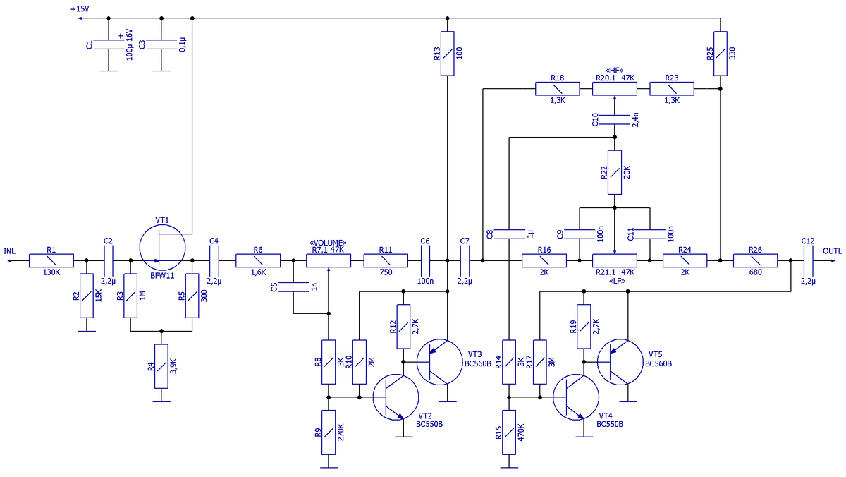 Схема электрическая принципиальная HI-FI-предусилителя с регулятором тембра