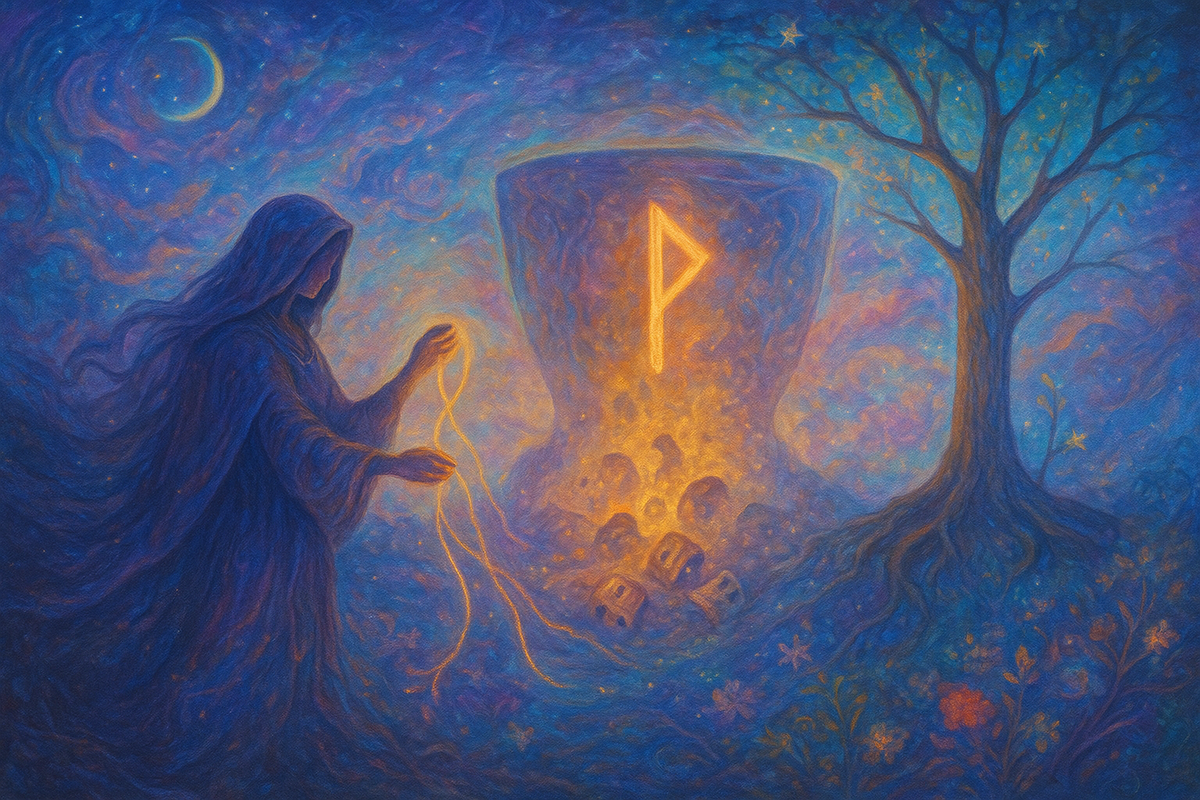 Разрыв кармических узлов: руна Пертро раскрывает тайные петли судьбы, Наутиз отпускает боль, Эйваз завершает затянувшийся «переходный период». Иллюстрация к глубинному гаданию на рунах о завершении старых программ и энергетической очистке.