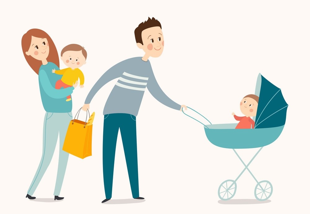    Big family on the walk. Dad with baby in a pram, Mother keeps daughter in her arms. Vector illustration in a flat style trud