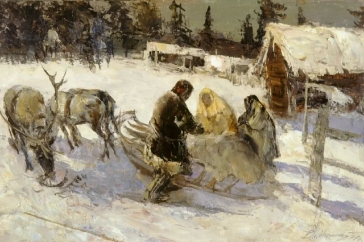    Владимир Игошев выезжал на стойбища и знакомился с героями будущих картин. «У таёжной избушки» — результат таких поездок.