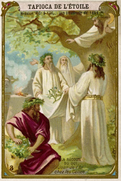 На открытке из серии «О праздновании Нового года в различных культурах на протяжении всей истории», выпущенной во Франции в XIX веке, изображён сбор омелы у кельтов. У этого древнего народа в честь начала нового года было принято украшать дома ветками омелы, она считалась священным растением. Друиды, кельтские жрецы, собирали омелу, облачаясь в белые одежды, и срезали ветки только золотыми серпами. Фото: tr.pinterest.com