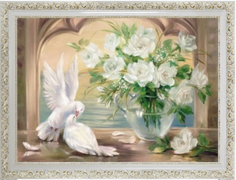 Картина «Свадьба белых голубей» — воплощение нежности, чистой любви и гармонии. Такой сюжет очень хорошо разместить в спальне или гостиной.