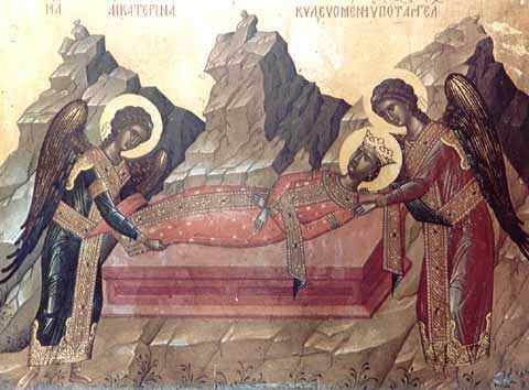 Ангелы переносят тело святой Екатерины на вершину горы; фрагмент православной иконы XVI века.