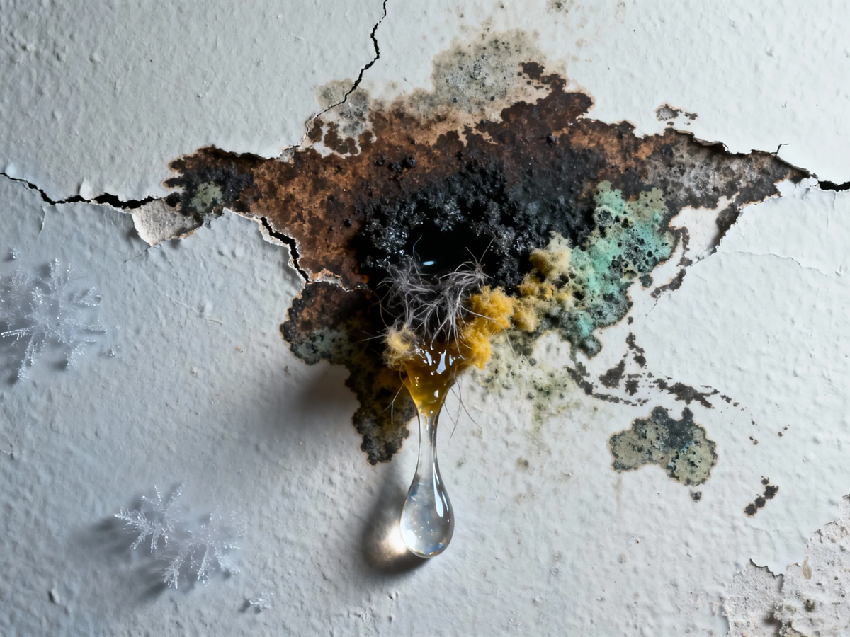 Кажется, будто стена заболела. На самом деле — это диагноз всему пирогу утепления, в котором точка росы оказалась не там, где должна быть.