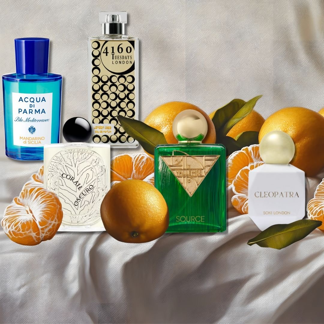 Мандариновые ароматы: Acqua di Parma Blu Mediterraneo Mandarino di Sicilia, 4160 Tuesdays London 1969, Diptyque Corail Oscuro, Vallense Source, Soki Cleopatra