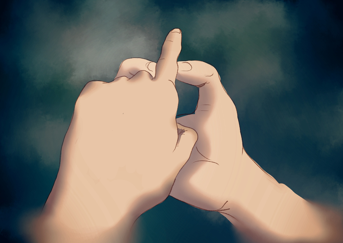 Нижняя рука должна быть развёрнута ладонью вверх. Указательный и большой пальцы сомкунты, образуя кольцо. На стык кольца кладётся указательный палец другой руки, который будет указателем. Вполне логичная конструкция. Только я не помню, какая должна быть сверху, левая или правая, и имеет ли это вообще значение.