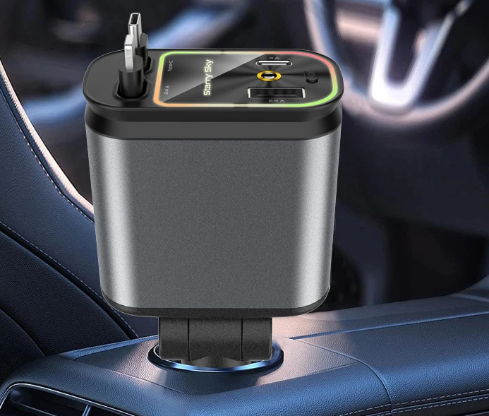 Автомобильное зарядное устройство 4-в-1 с 2 выдвижными кабелями