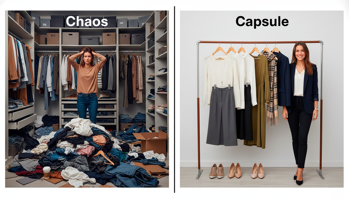 Слева — ваш шкаф сейчас: полный хаос и нечего надеть. Справа — ваша цель: 7 идеальных вещей, которые решают все проблемы. Почувствуйте разницу.