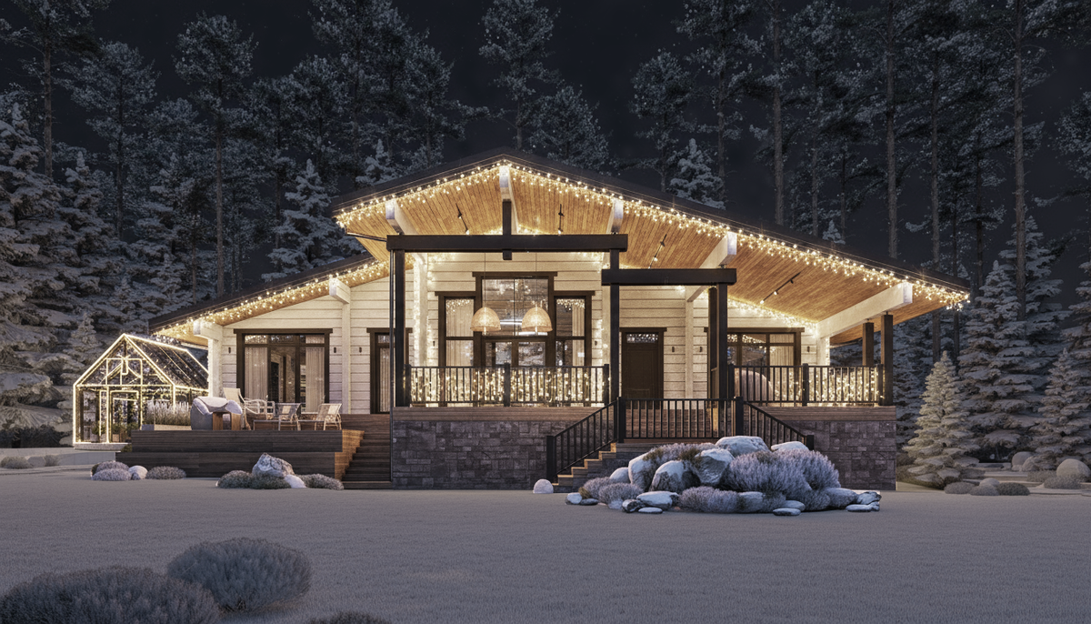 Подсветка должна подчеркивать геометрию дома. Шале Вудхольц в КП Shelkovo River