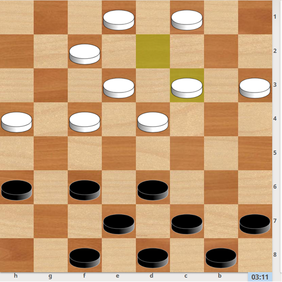 1. . a7-b6 2. c1-d2 d6-e5 3. f4xd6 e7xc5 4. f2-g3 b6-a5 5. d4xb6 d8-e7 6. b6xd8 e7-d6 7. d8xg5 h6xh2 ++