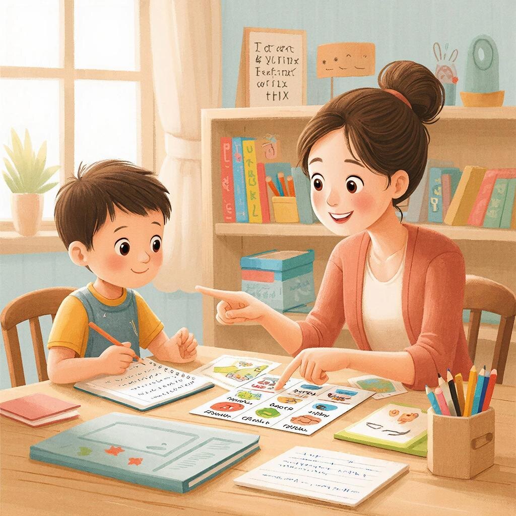 Мама учит ребенка английским буквам и словам.