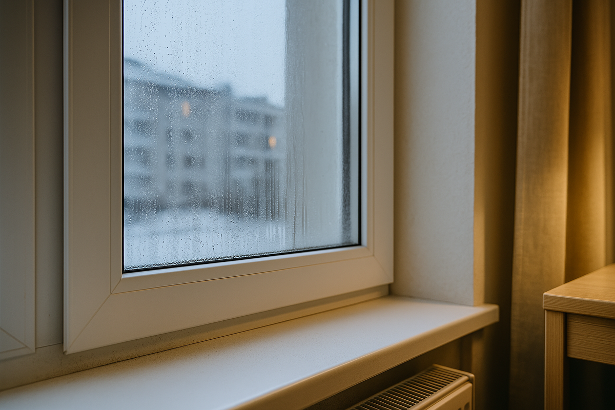 Капли воды на стекле пластикового окна показывают, как при холодном профиле и промерзающих откосах конденсат появляется даже при умеренной влажности воздуха в комнате.
