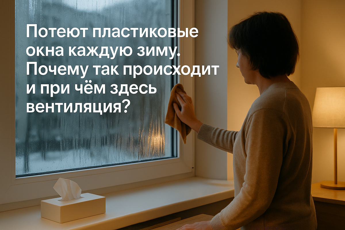 Зимнее утро: хозяйка вытирает конденсат с пластикового окна в спальне. Фото иллюстрирует типичную проблему запотевания стеклопакетов при высокой влажности и недостаточной вентиляции квартиры