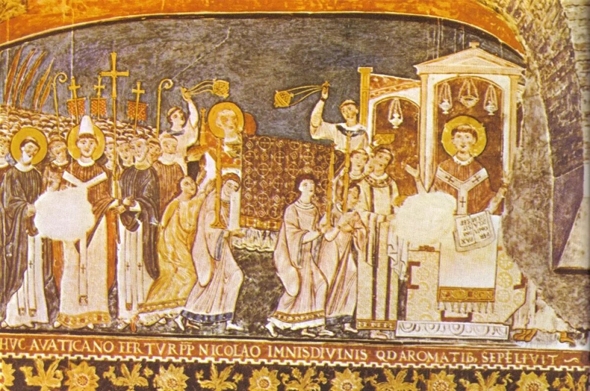    Святые Кирилл и Мефодий вносят мощи святого Климента в Рим. Фреска XI века из Базилики Святого Климента.