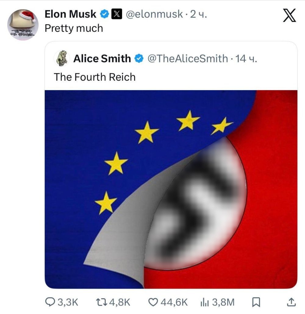    "В значительной степени". Илон Маск согласился с утверждением, что Евросоюз стал "четвертым рейхом". / Фото: социальные сети