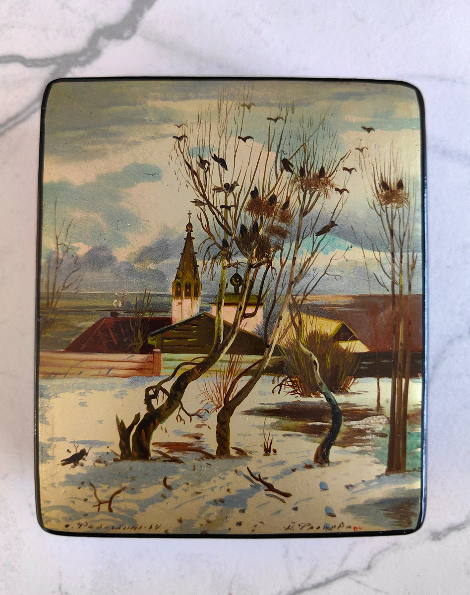 Шкатулка Федоскино 1964 г., авто росписи Фролова