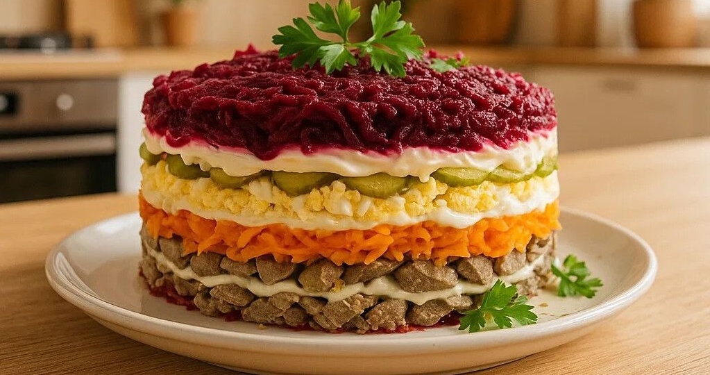 Салат с сюрпризом и куриной печенью - рецепт для новогоднего стола и на любой праздник